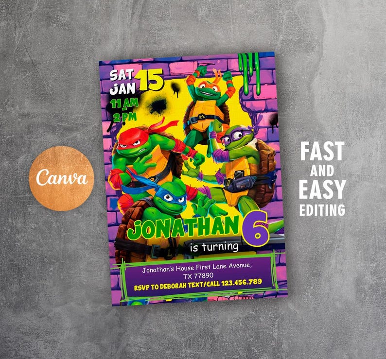 May include: A colorful invitation featuring the Teenage Mutant Ninja Turtles. The invitation includes the text "Jonathan is turning 6" and event details. The design has a brick wall background with green slime accents.