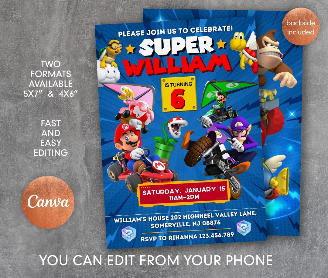 Printable Mario Kart Invitation, Go Kart Birthday Invite, Editable