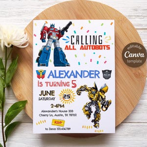 May include: A birthday invitation featuring Transformers characters. The invitation includes the text "CALLING ALL AUTOBOTS" and "ALEXANDER is TURNING 5". The date, time, and location are also listed. The invitation is an editable Canva template.