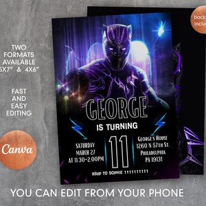 May include: Black Panther birthday invitation with a purple and blue background. The invitation features a photo of Black Panther with a glowing blue lightning bolt. The text on the invitation reads "George is turning 11".