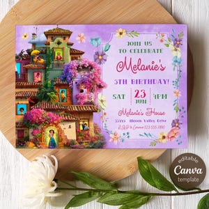 May include: Purple invitation with a cartoon illustration of a house with flowers and vines. The text reads "Join us to celebrate Melanie's 3rd Birthday! Sat 23 Jun 4PM Melanie's House 33415 Hidden Valley Drive RSVP to Emma 123-555-7890".