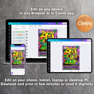 May include: A digital design displayed on a laptop, tablet, and smartphone. The design features the Teenage Mutant Ninja Turtles with text that reads "SAT JAN 15" and "JONATHAN 6". The Canva logo is visible. Text at the top says "Edit on any device in any Browser or in Canva app".