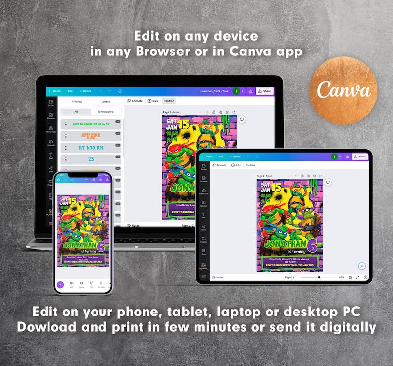May include: A digital design displayed on a laptop, tablet, and smartphone. The design features the Teenage Mutant Ninja Turtles with text that reads "SAT JAN 15" and "JONATHAN 6". The Canva logo is visible. Text at the top says "Edit on any device in any Browser or in Canva app".