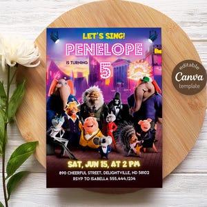 May include: A colorful birthday party invitation featuring characters from the movie "Sing." The invitation reads "Let's Sing! Penelope is turning 5." The design includes a cityscape background and event details.