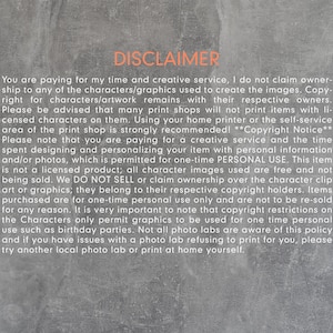 May include: A gray background with the word "DISCLAIMER" in orange. The text explains the terms of service, including copyright, personal use, and print restrictions. The text is in a sans-serif font.