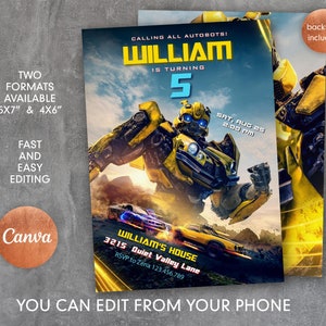 Può includere: Un invito di compleanno Transformers giallo e blu con Bumblebee, un robot a forma di auto, con il testo "Calling all Autobots! William is turning 5. Sat, Aug 25 2:00 PM. William's House 3215 Quiet Valley Lane RSVP to Zena 123.456.789. You can edit from your phone."