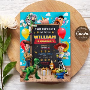 May include: Toy Story themed birthday party invitation with a chalkboard background. The invitation features characters from the movie, including Woody, Buzz Lightyear, Jessie, and Mr. Potato Head. The text on the chalkboard reads "Two Infinity and Beyond William is turning 2".