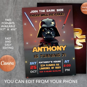 Printable birthday invite, Editable invitation, instant Download, wars invitation, Star invite, wars invitation, darth vader birthday party