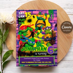 May include: A colorful invitation featuring the Teenage Mutant Ninja Turtles. The design includes the text "SAT JAN 15 11 AM 2 PM" and "JONATHAN is turning 6". The invitation also includes address and RSVP information.