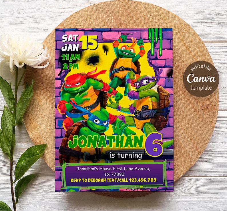 May include: A colorful invitation featuring the Teenage Mutant Ninja Turtles. The design includes the text "SAT JAN 15 11 AM 2 PM" and "JONATHAN is turning 6". The invitation also includes address and RSVP information.