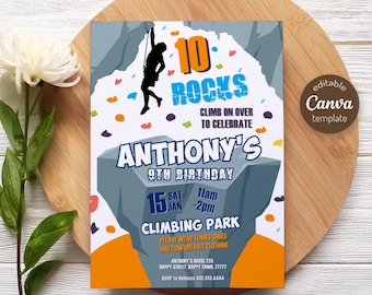 May include: A colorful invitation for a 9th birthday party at a climbing park. The invitation features a cartoon climber on a rock wall with the text "10 Rocks Climb on Over to Celebrate Anthony's 9th Birthday" and "Sat 15 Jan 11am-2pm Climbing Park".