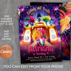 May include: A colorful invitation for a 4th birthday party featuring the characters from the movie "Trolls". The invitation is decorated with a purple, pink, and blue background with stars and glitter. The text on the invitation reads "Calling All Trolls" and "Adriana is turning 4". The invitation also includes the date, time, and location of the party.