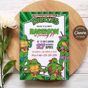 May include: A Teenage Mutant Ninja Turtles birthday party invitation featuring the four turtles in action poses. The invitation includes the text "Join us to celebrate Harrison is turning 7!" with event details and a Canva template option.