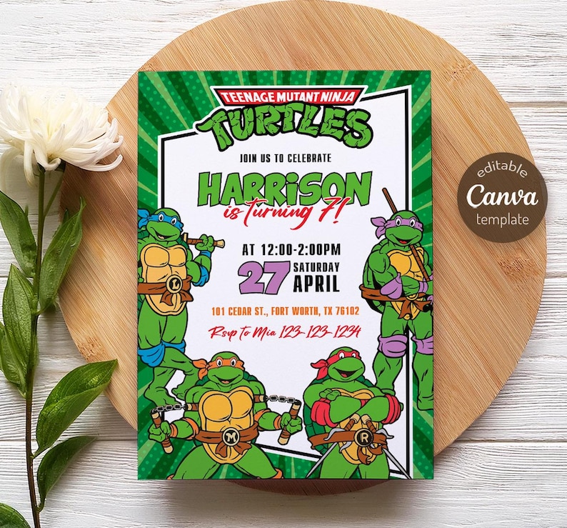 May include: A Teenage Mutant Ninja Turtles birthday party invitation featuring the four turtles in action poses. The invitation includes the text "Join us to celebrate Harrison is turning 7!" with event details and a Canva template option.