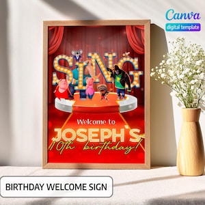 Könnte beinhalten: Ein rotes und goldenes Willkommenszeichen für eine Geburtstagsparty mit Figuren aus dem Animationsfilm Sing. Das Schild lautet "Welcome to Joseph's 10th birthday!"
