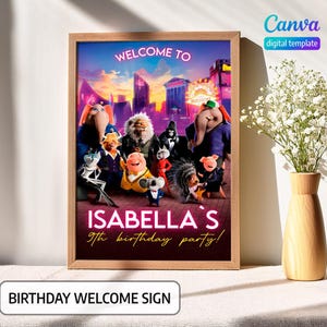 Könnte beinhalten: Ein druckbares Willkommenszeichen für eine Geburtstagsparty mit Figuren aus dem Animationsfilm Sing 2. Das Schild ist rosa und lila mit dem Text "WELCOME TO ISABELLA'S 9th birthday party!"