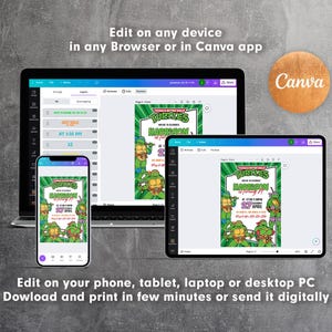 May include: A digital invitation design featuring the Teenage Mutant Ninja Turtles theme, displayed on a laptop, tablet, and smartphone. The invitation includes the text "HARRISON is turning 2" and event details. The image also includes the Canva logo.