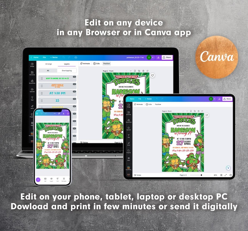 May include: A digital invitation design featuring the Teenage Mutant Ninja Turtles theme, displayed on a laptop, tablet, and smartphone. The invitation includes the text "HARRISON is turning 2" and event details. The image also includes the Canva logo.