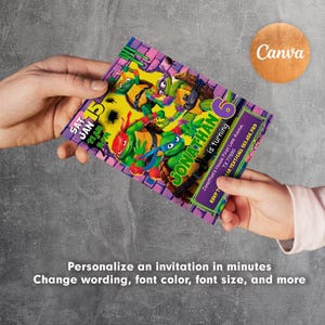 May include: A colorful invitation featuring the Teenage Mutant Ninja Turtles. The invitation is for a 6th birthday, with the name "Jonathan" prominently displayed. The design includes the date, time, and RSVP information. The Canva logo is visible.