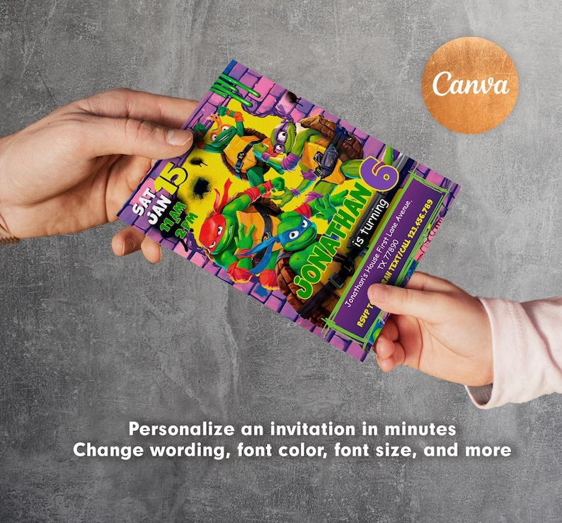 May include: A colorful invitation featuring the Teenage Mutant Ninja Turtles. The invitation is for a 6th birthday, with the name "Jonathan" prominently displayed. The design includes the date, time, and RSVP information. The Canva logo is visible.