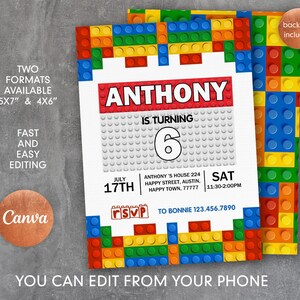 May include: Editable birthday invitation featuring a colorful Lego brick design. The invitation says "Anthony is turning 6" and includes details for the party, including the date, time, and location. The text "RSVP to Bonnie 123.456.7890" is also included.