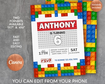 Building blocks invitation, Building blocks invite, printable editable invitation template, constructor invite template