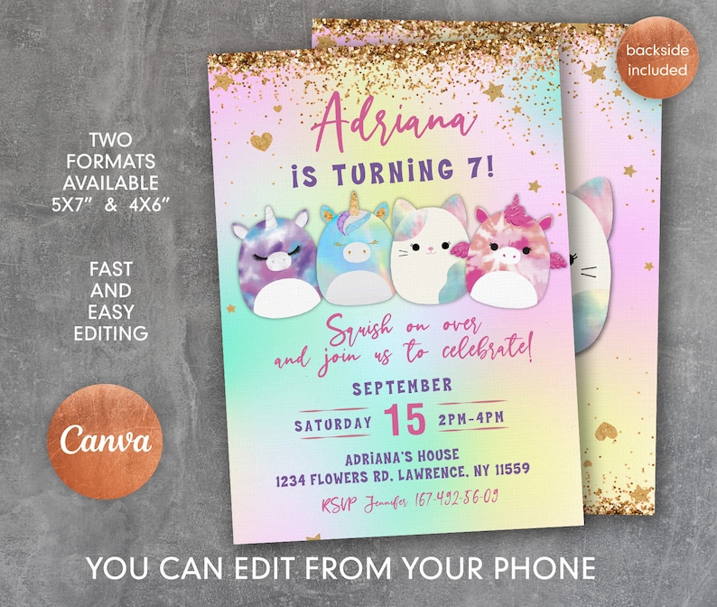 Squishmallow Editable Invitation, Printable Squish Birthday Invitation
