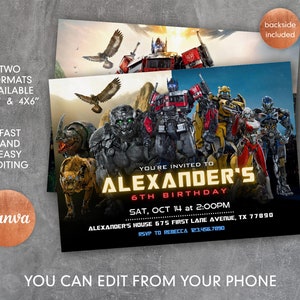Invitation imprimable, invitation d'anniversaire Transformers Rise of the Beasts, invitation Optimus Prime, fête Autobots, invitation bourdon modifiable