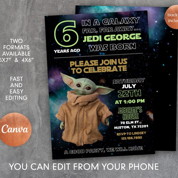 Baby yoda Birthday Invitation, Star wars invite, printable grogu invitation, Instant Download, editable Birthday Invite template