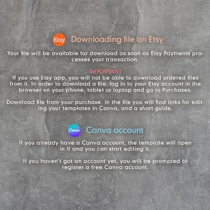 May include: Text on a gray background explains how to download files from Etsy after purchase. It includes instructions for using the Etsy app and accessing files via a browser. It also mentions Canva and how to edit templates.