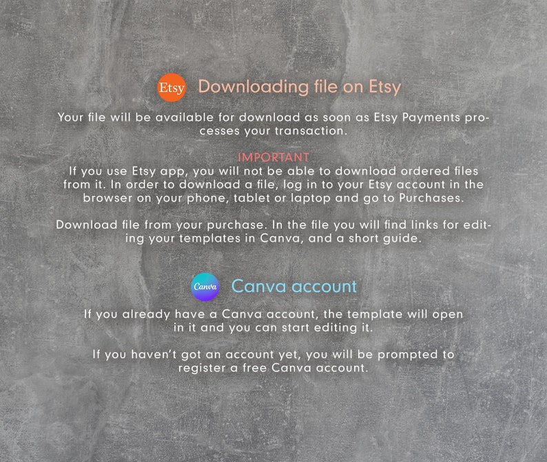 May include: Text on a gray background explains how to download files from Etsy after purchase. It includes instructions for using the Etsy app and accessing files via a browser. It also mentions Canva and how to edit templates.
