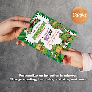 May include: A Teenage Mutant Ninja Turtles birthday invitation featuring the text "Harrison is turning 7" and event details. The invitation is green and white with cartoon turtle illustrations. The Canva logo is in the upper right corner.