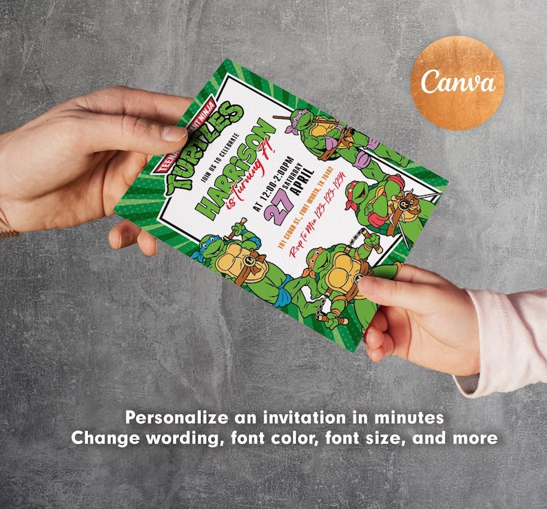 May include: A Teenage Mutant Ninja Turtles birthday invitation featuring the text "Harrison is turning 7" and event details. The invitation is green and white with cartoon turtle illustrations. The Canva logo is in the upper right corner.
