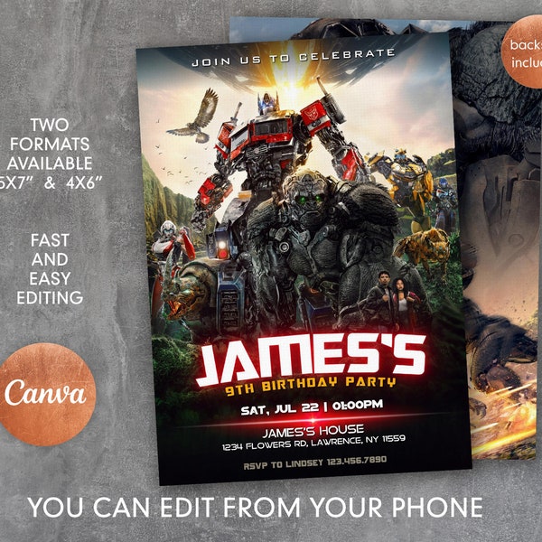 Printable invite, Transformers Rise of the Beasts Birthday Invitation, Optimus Prime invite, Autobots party, editable Bumblebee invitation