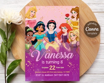 May include: A party invitation featuring illustrations of several princesses. The invitation has the text "Vanessa is turning 8" and includes the date, time, and location. The invitation is a Canva template.