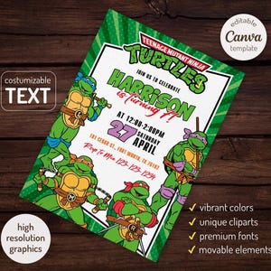 May include: A Teenage Mutant Ninja Turtles birthday invitation with vibrant green and white accents. The invitation features cartoon illustrations of the turtles, the text "HARRISON is turning 7!", and event details. The design includes high-resolution graphics and customizable text.