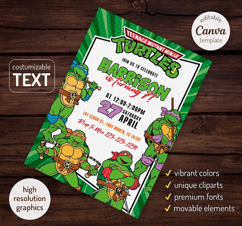 May include: A Teenage Mutant Ninja Turtles birthday invitation with vibrant green and white accents. The invitation features cartoon illustrations of the turtles, the text "HARRISON is turning 7!", and event details. The design includes high-resolution graphics and customizable text.