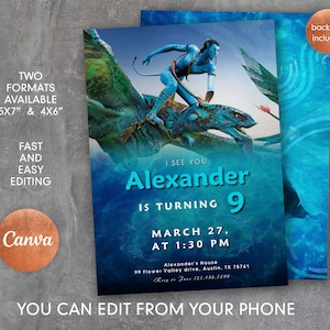 May include: Blue and green birthday invitation featuring an image of a blue Avatar character riding a creature from the film Avatar. The invitation reads "I See You Alexander is turning 9 March 27, at 1:30 PM Alexander's House 99 Flower Valley drive, Austin, TX 78741 RSVP to Jane 123.456.7890 You Can Edit From Your Phone"