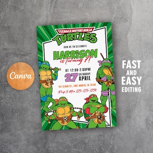 May include: A green Teenage Mutant Ninja Turtles birthday party invitation with the text "Harrison is turning 7!" and event details. The invitation features cartoon images of the turtles and a Canva logo.