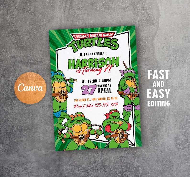 May include: A green Teenage Mutant Ninja Turtles birthday party invitation with the text "Harrison is turning 7!" and event details. The invitation features cartoon images of the turtles and a Canva logo.