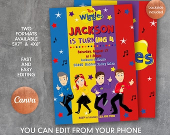 May include: A printable birthday invitation featuring The Wiggles characters. The invitation is yellow, red, blue, and purple with stars and musical notes. The text reads "Jackson is turning 4" and includes the date, time, and location of the party. RSVP information is also included.