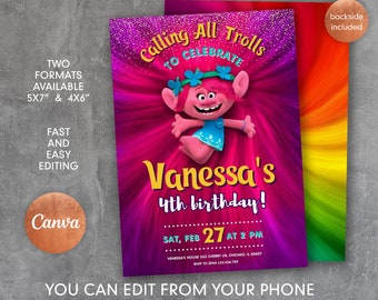 Editable Trolls Birthday Invitation: Poppy Party Template (Digital Download)
