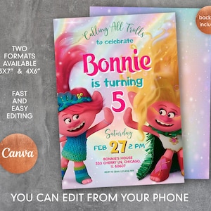 May include: A printable invitation for a 5th birthday party featuring two Trolls characters, Poppy and DJ Suki, with a rainbow background. The invitation says "Calling All Trolls to celebrate Bonnie is turning 5" and includes the date, time, and location of the party.