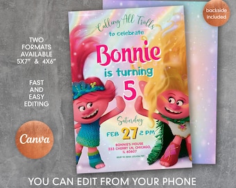 Editable Trolls Birthday Invitation: Girl Party, Poppy Theme (Digital)