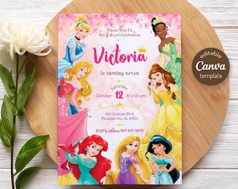 May include: A pink and gold invitation featuring illustrations of several princesses. The invitation reads "Victoria is turning seven" with event details. The Canva template is on a wooden surface.