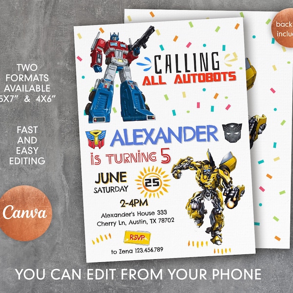 Printable invite, Rescue Bots Birthday Invitation, Bumblebee invitation, transformers party, Optimus Prime invite, Autobots party invitation