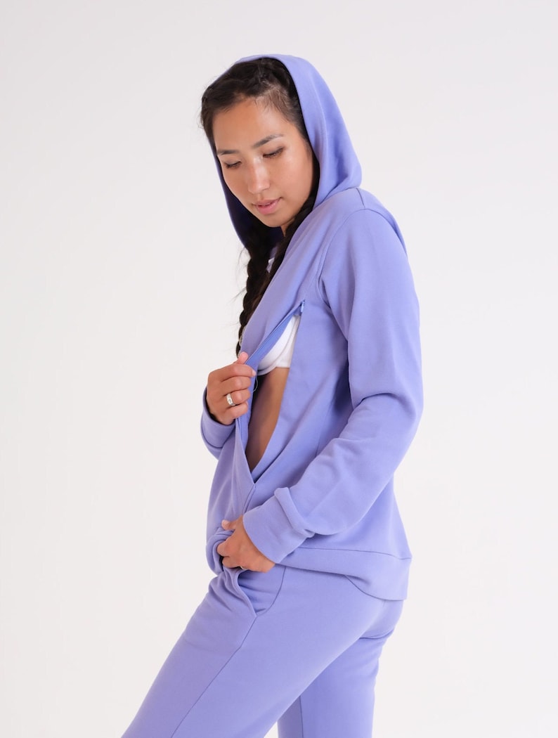 Breastfeeding Lilac 2 Piece Hoodie & Trousers Set Organic Cotton, Matching Nursing Sweatshirt With Hidden Zippers And Wide Legs Pant image 5