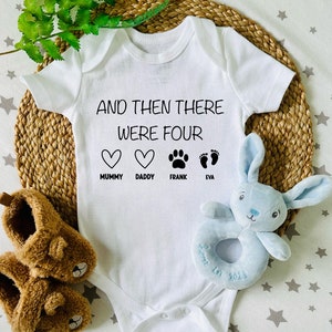 Personalised And Then There Were Four New Baby Announcement | Pet Gift Dog Cat Paws Baby Vest Bodysuit Grow | Baby Shower Gift