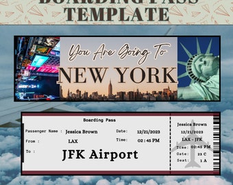 BOARDING PASS TEMPLATE - Editable Ticket for Surprise Flight, Road Trip Reveal - Romantic Valentines Day Gift New York