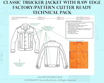 Classic Trucker Jacket With Raw Edge Factory / Pattern Cutter Ready Technical pack